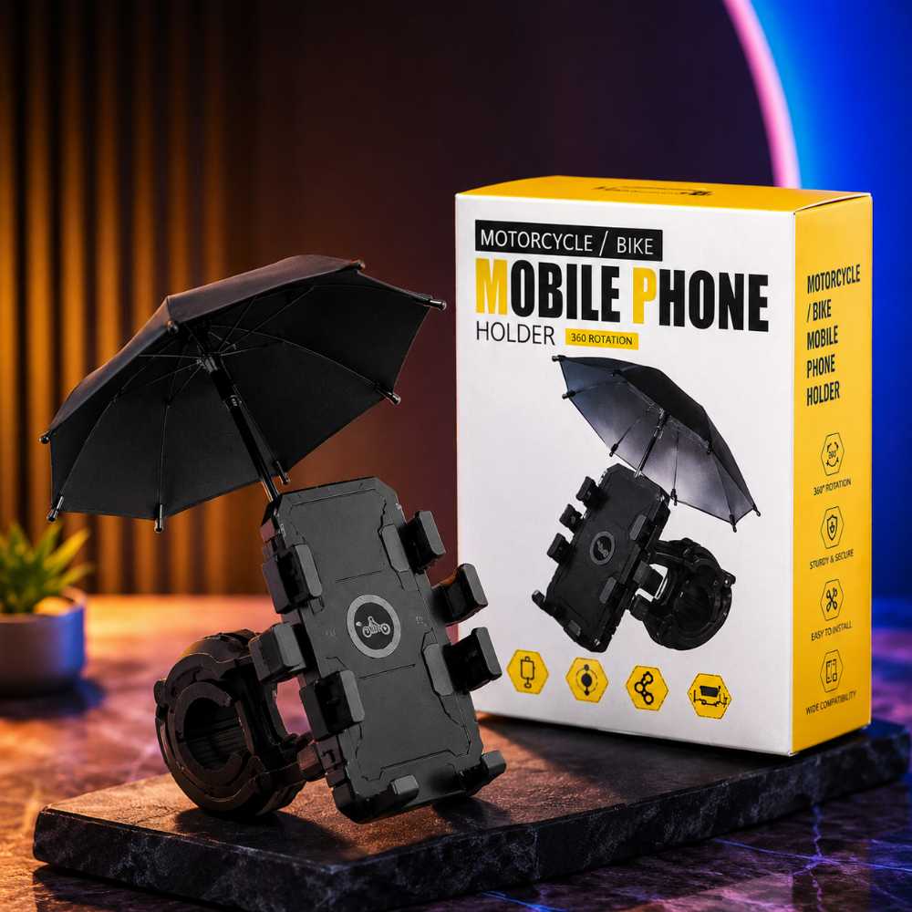 Motorcycle & Bike Mobile Phone Holder with Rain Umbrella | Universal Handlebar Phone Mount