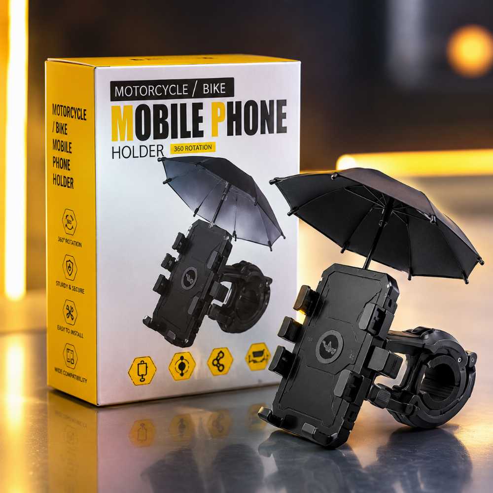 Motorcycle & Bike Mobile Phone Holder with Rain Umbrella | Universal Handlebar Phone Mount
